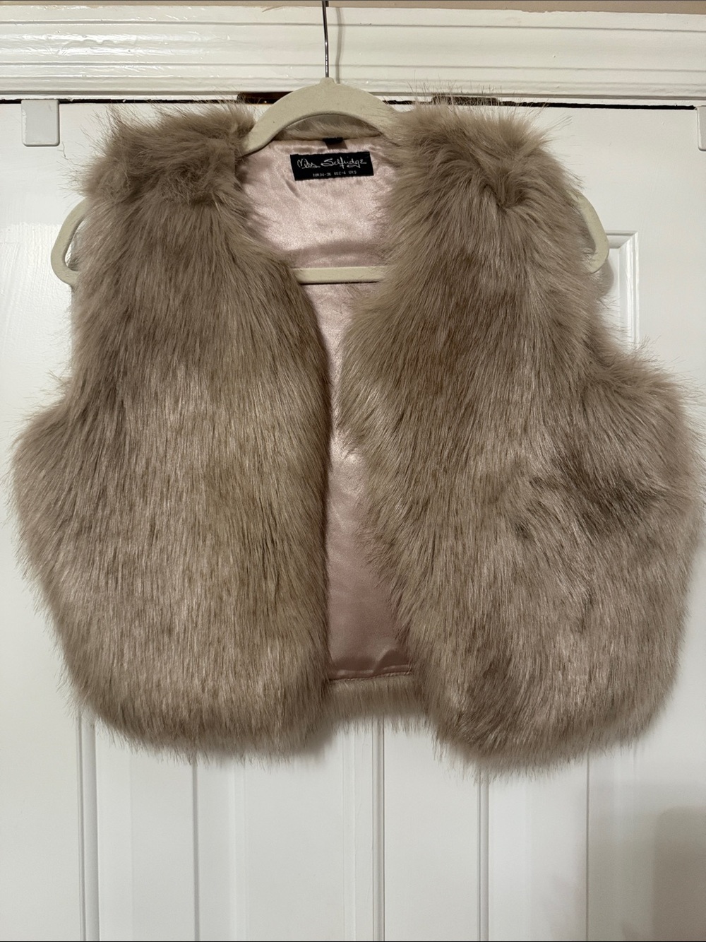 Miss Selffridge Plush Faux Fur Crop Vest in Taupe Beige